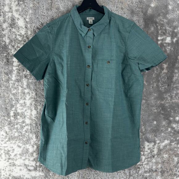 LL Bean Womens Size XL Cotton Button Shirt Green Short Sleeve Casual Collared - Picture 1 of 9